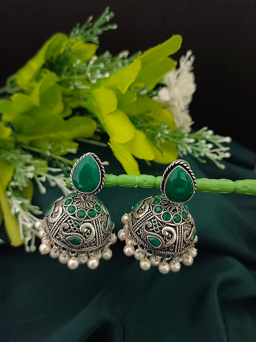 German Silver Silver-Plated Stones And Beaded Dome Shaped Oxidised Jhumkas