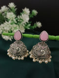 German Silver Plated Artificial Stones Studded And Beaded Dome Oxidised Jhumkas