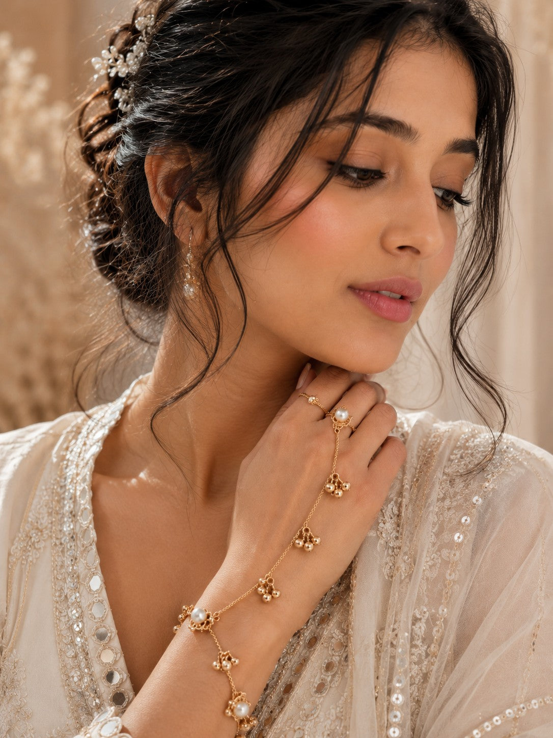 Women Brass Handcrafted Gold-Plated Pearl Sudded Hathphool Panja Multi Ring Bracelet