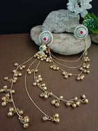 Set Of 2 Gold Plated Pachi Kundan & Ghungaroo Beaded Drop Earrings With Ear Chain