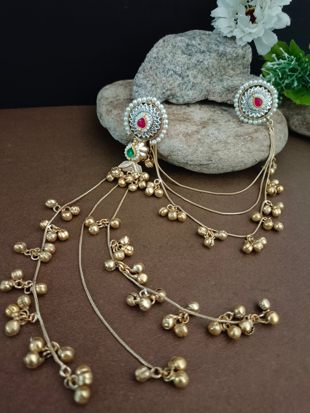 Set Of 2 Gold Plated Pachi Kundan & Ghungaroo Beaded Drop Earrings With Ear Chain