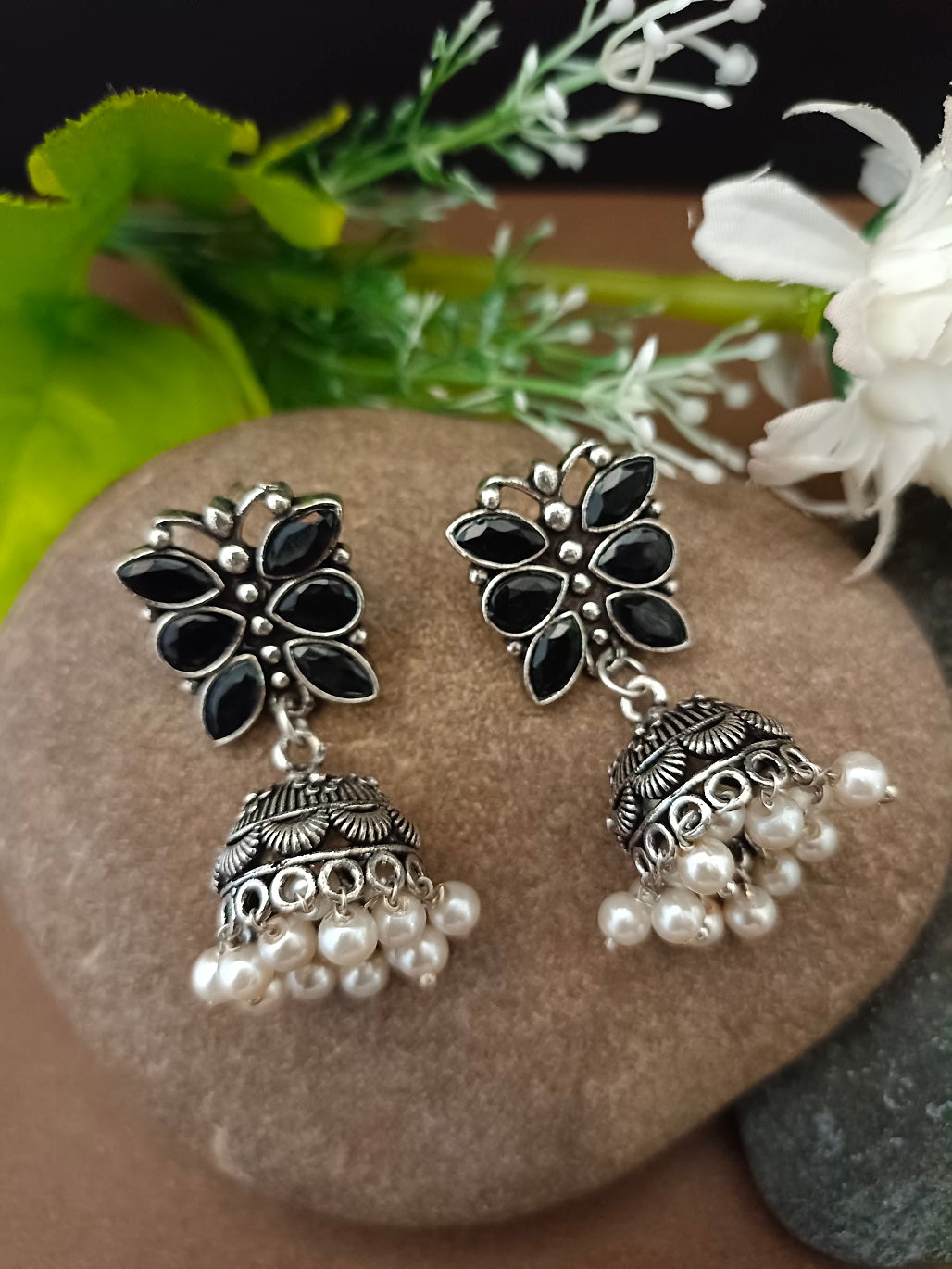 Sanjog Oxidized Silver Black Stone Floral Jhumka Earrings with Pearl Drops