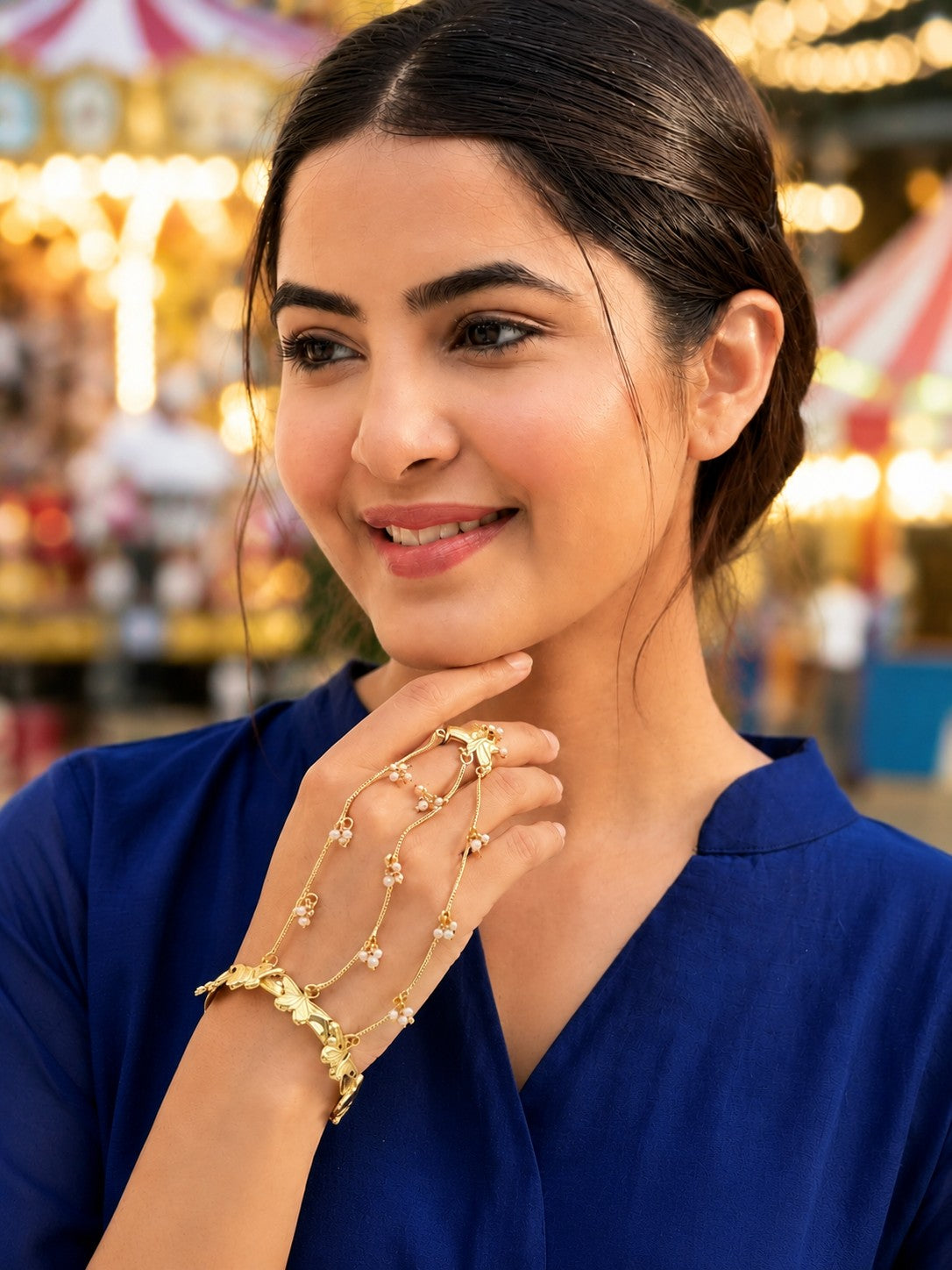 Women Brass Handcrafted Gold-Plated Hathphool Panja Multi Ring Butterfly Bracelet