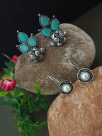 Sanjog Oxidized Silver Earring Set with Teal Stone Studs and Pearl Drops