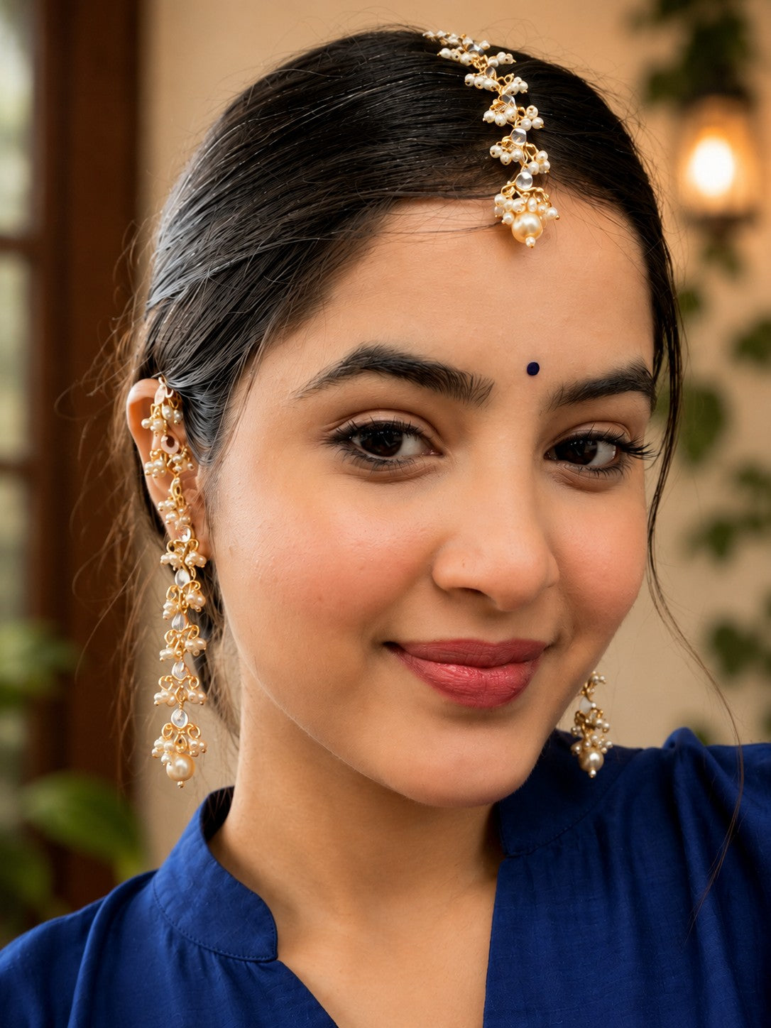 Gold Plated Kundan Studded Pear Drops Earchain Earrings and Maang Tiika Jewellery Set