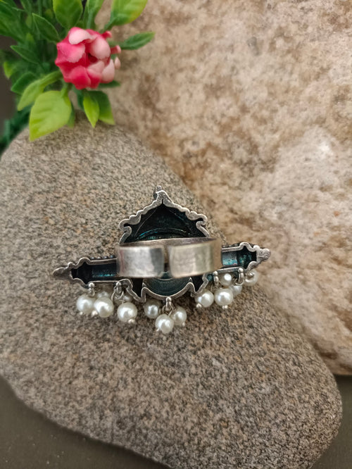 German Silver-Plated Beaded Oxidised Finger Ring