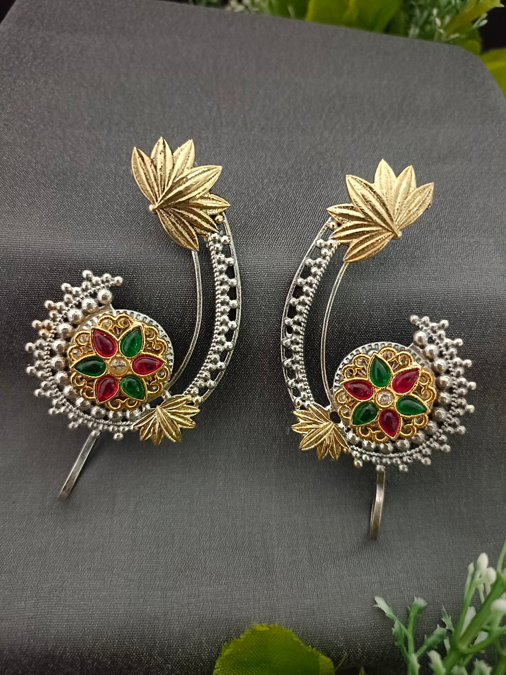 Brass-Plated Artificial Stones Studded Oxidised Floral Bugadi Ear Cuff Earring