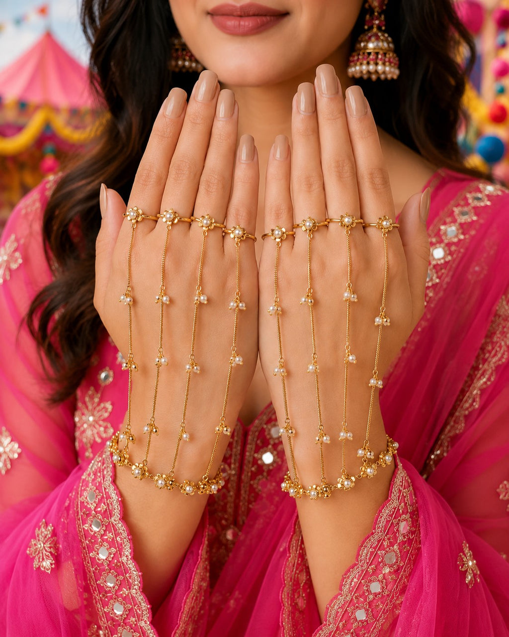 Women 2 Brass Handcrafted Gold-Plated Hathphool Panja Multi Ring Pearl Studded Bracelet