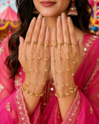 Women 2 Brass Handcrafted Gold-Plated Hathphool Panja Multi Ring Pearl Studded Bracelet