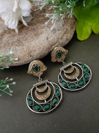 Sanjog Dual-Tone Antique Jhumka Drop Earrings with Emerald Green Stone Chandbali Design