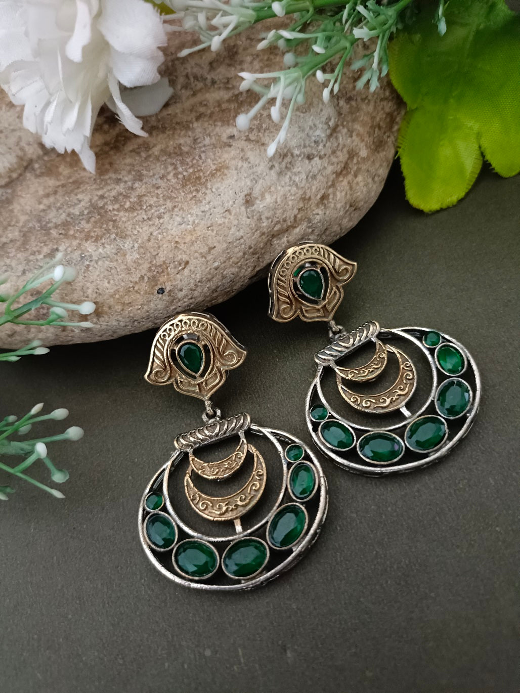 Sanjog Dual-Tone Antique Jhumka Drop Earrings with Emerald Green Stone Chandbali Design
