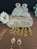 Set Of 2 Brass Plated Pachi Kundan & Ghungaroo Studded Drop Kashmiri Earrings With Earchains