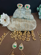 Set Of 2 Brass Plated Pachi Kundan & Ghungaroo Studded Drop Kashmiri Earrings With Earchains