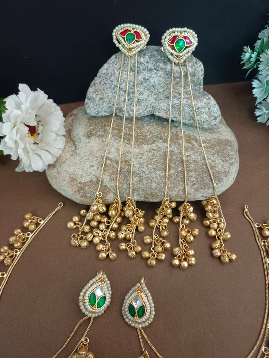 Set Of 2 Brass Plated Pachi Kundan & Ghungaroo Studded Drop Kashmiri Earrings With Earchains