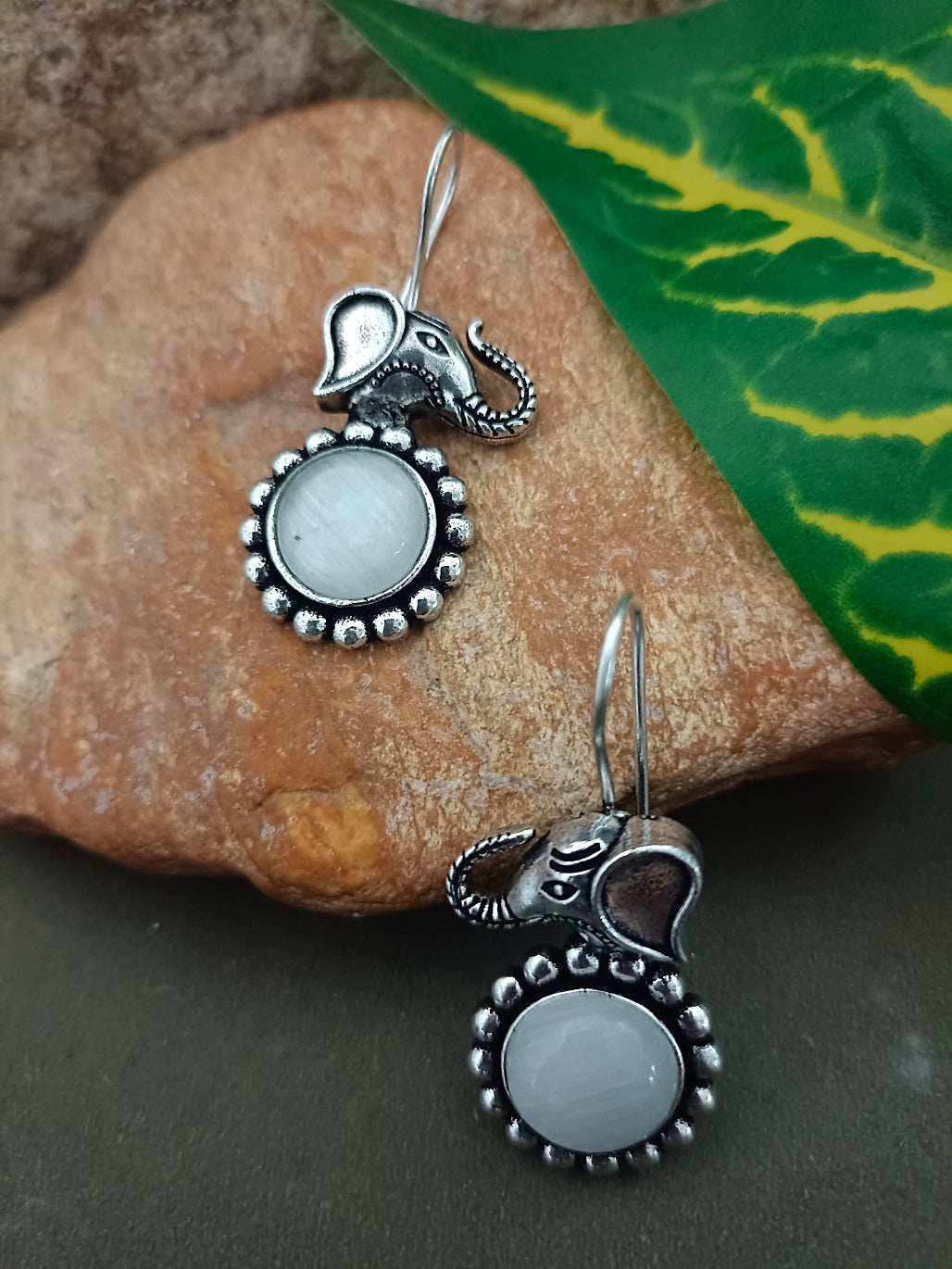 Sanjog Oxidized Silver Elephant Drop Earrings with White/Grey Stone (Cat's Eye)