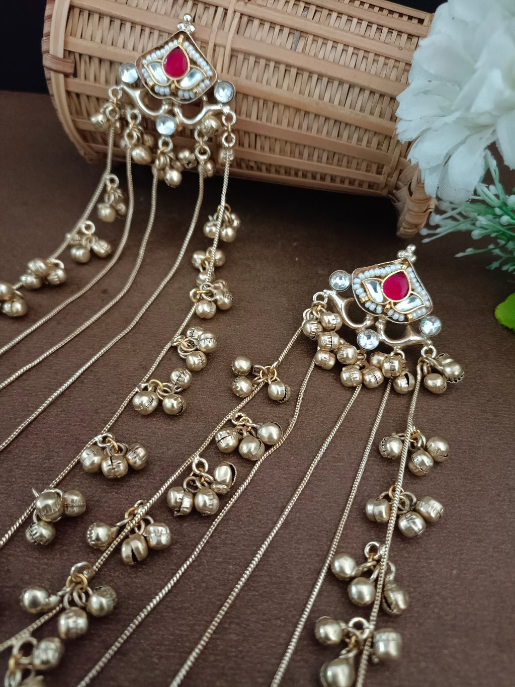 Brass-Plated Pachi Kundan & Ghungaroo Beaded Kashmiri Drop Earrings