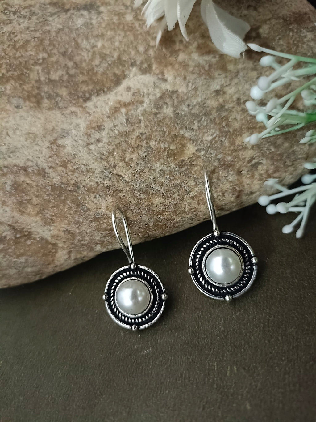 Sanjog Oxidized Silver Simple Round Pearl Drop Earrings