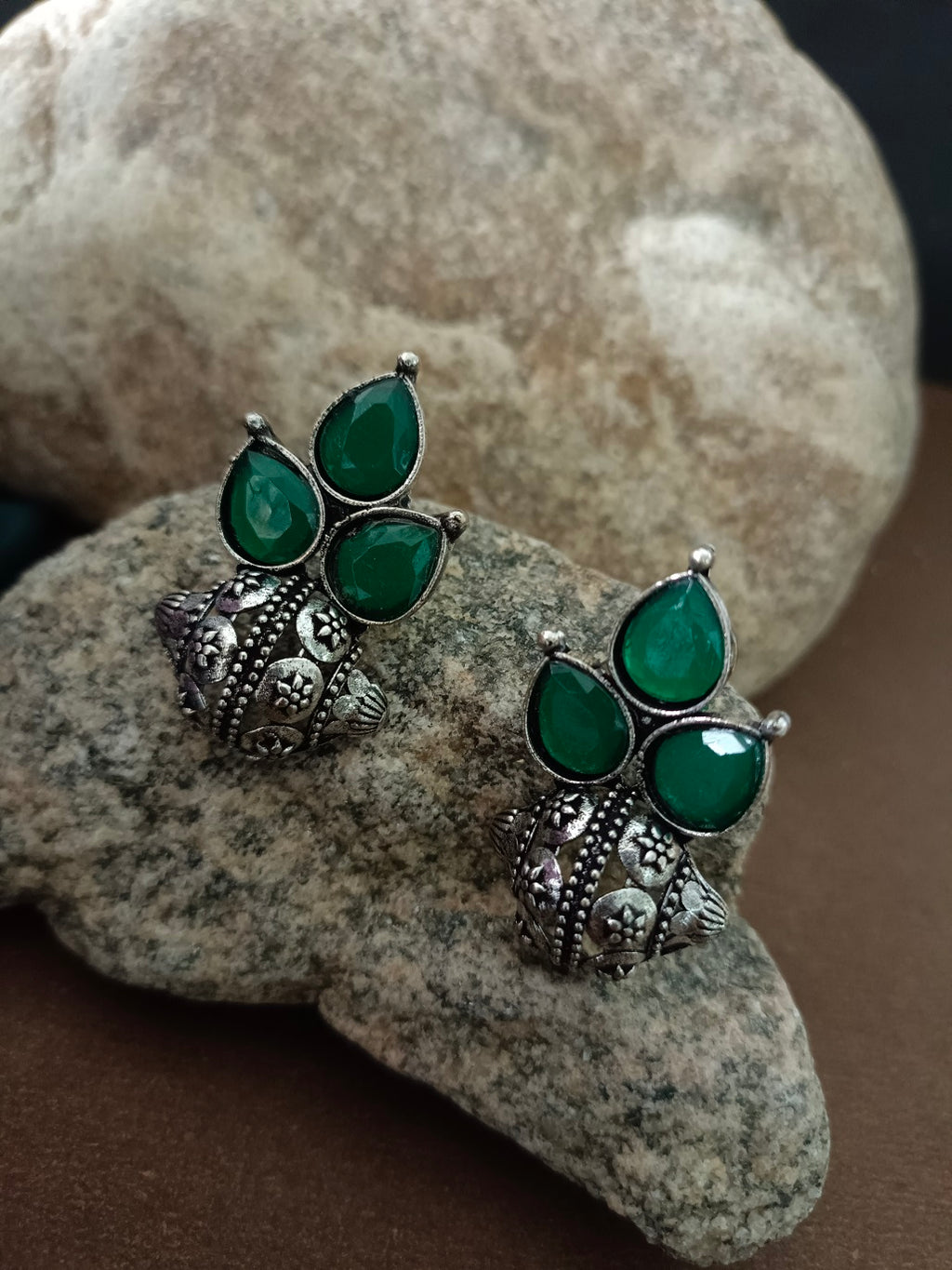 Sanjog Oxidized Silver-Tone Emerald Green Stone Cluster Stud Earrings with Intricate Dome Base