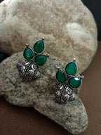 Sanjog Oxidized Silver-Tone Emerald Green Stone Cluster Stud Earrings with Intricate Dome Base