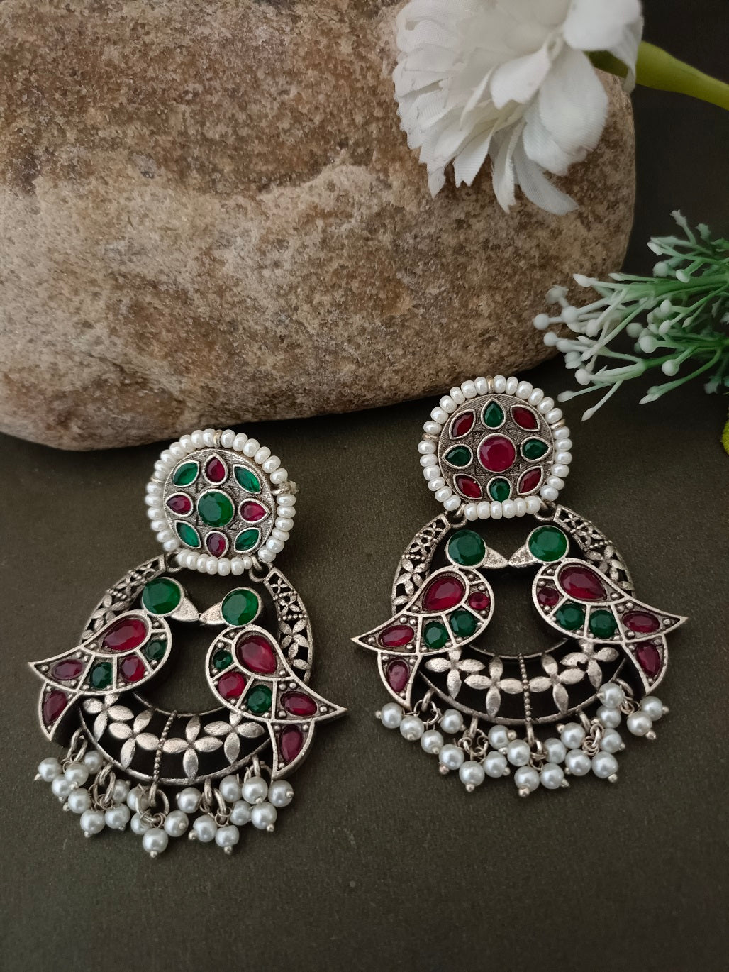 Sanjog Grand Oxidized Silver-Tone Bird Motif Drop Earrings with Multi-Color Stones and Pearl Fringe