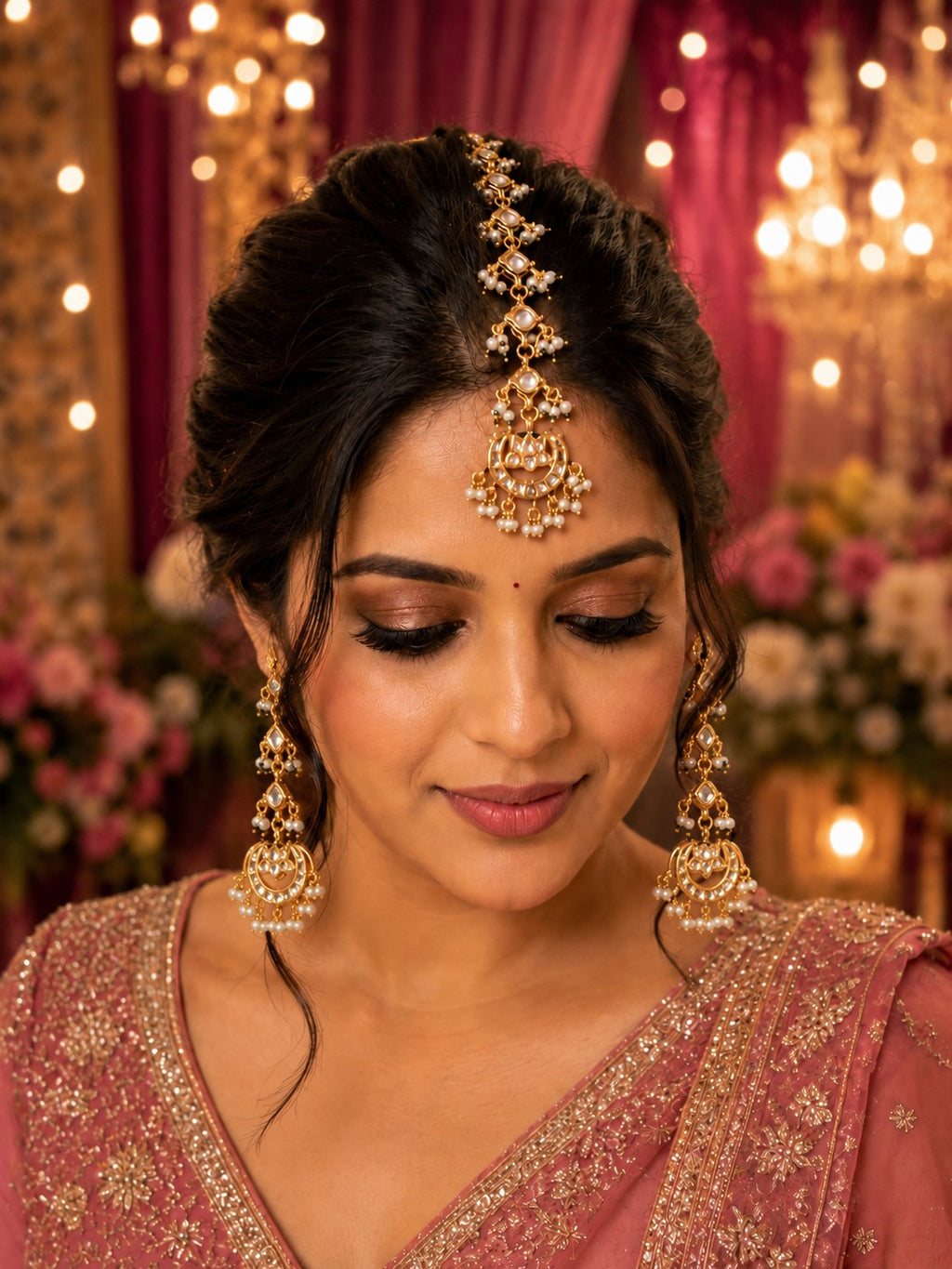 Gold Plated Kundan Studded Chandbali Earrings and Maang Tiika Jewellery Set