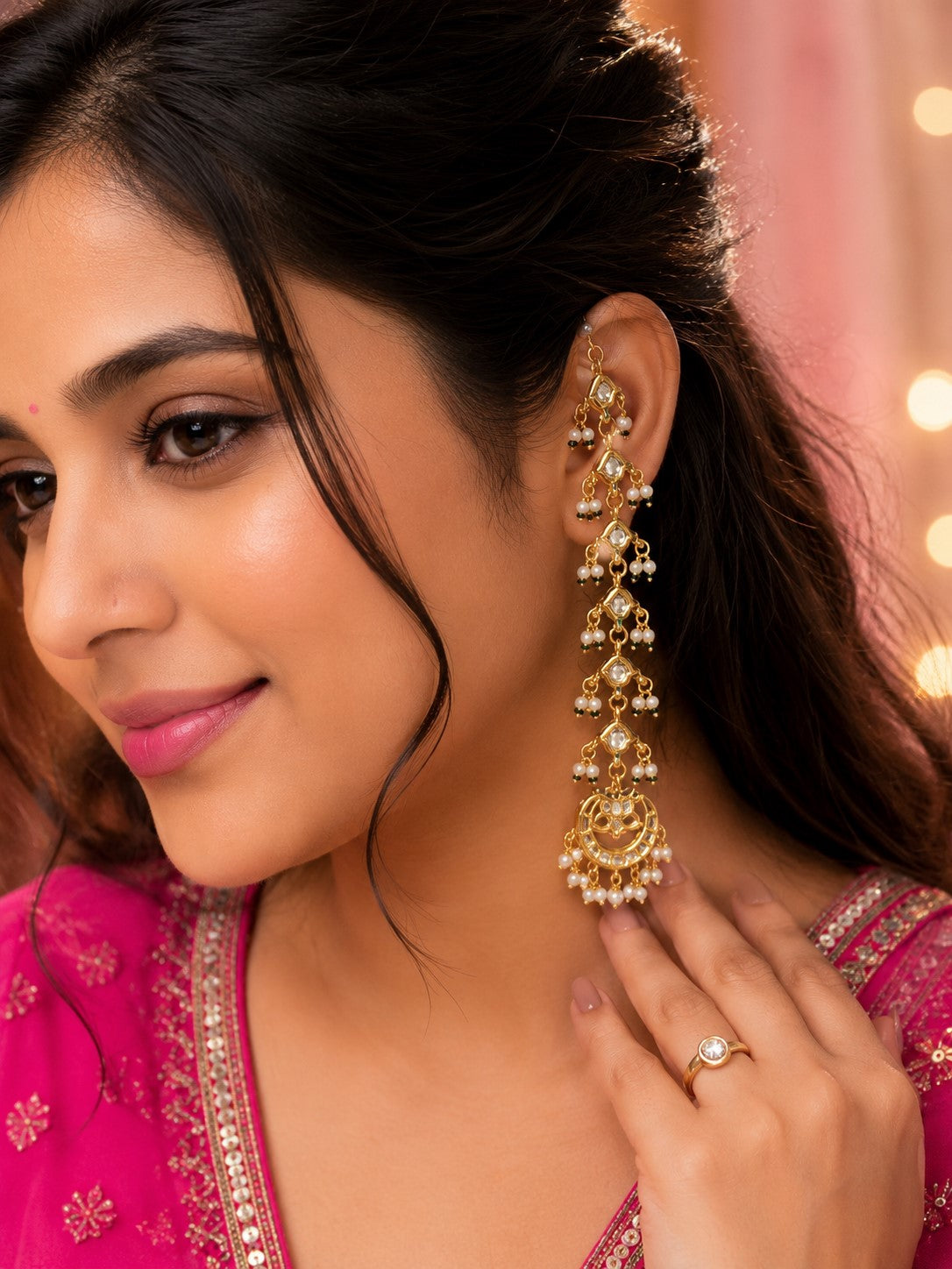 Gold Plated Kundan Studded Chandbali Earrings with Sahara Earchains