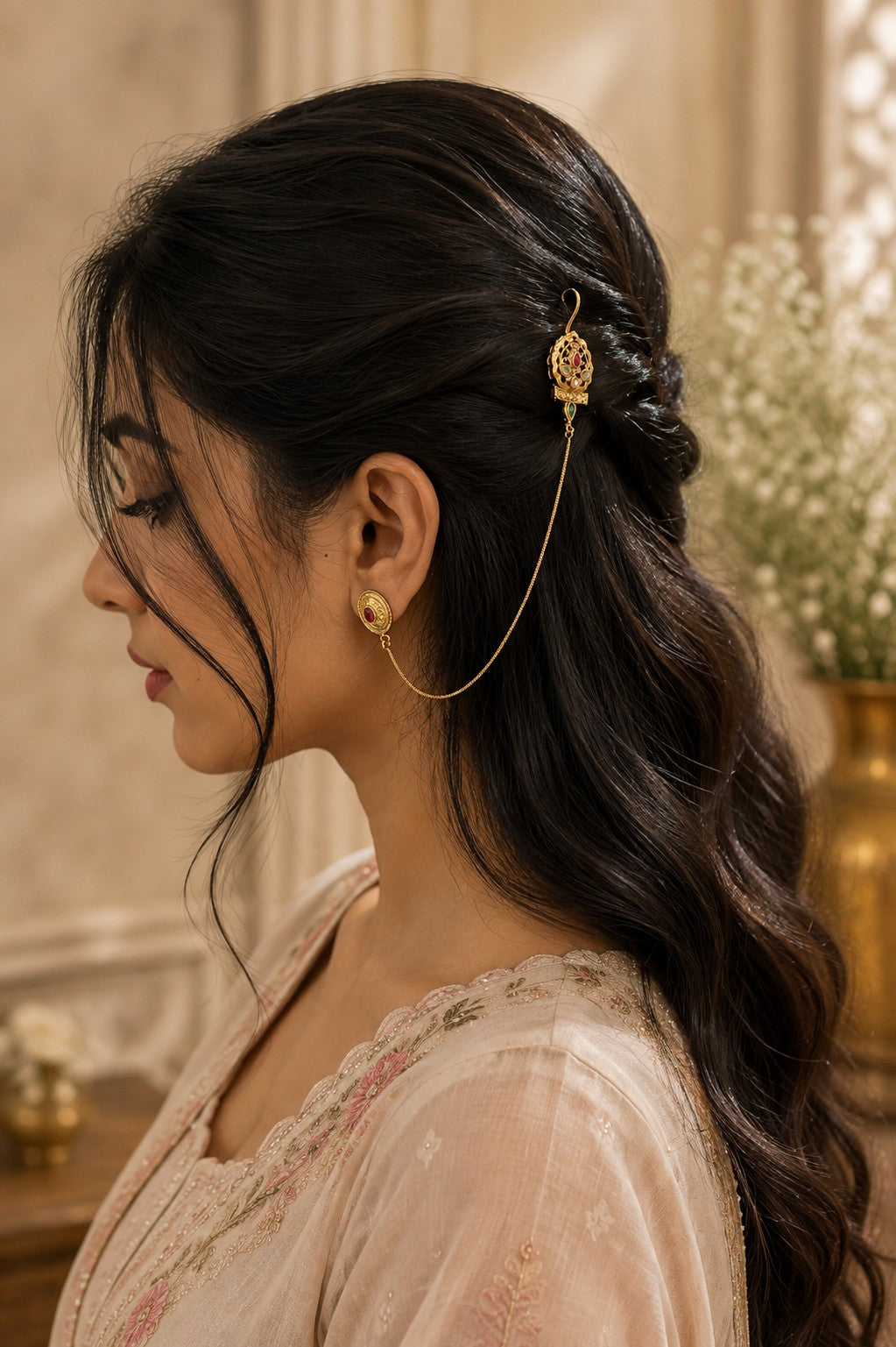 Gold -Plated Earcuff Stud Kundan Earrings with Back Hair Chain Accessorry Earchains