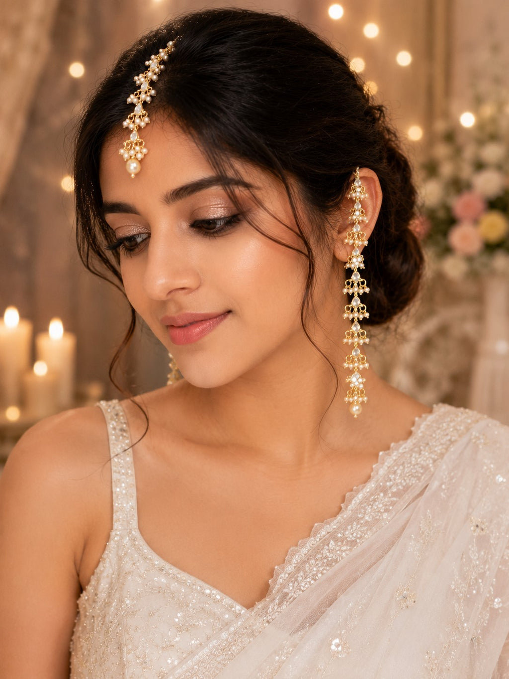 Gold Plated Kundan Studded Pear Drops Earchain Earrings and Maang Tiika Jewellery Set