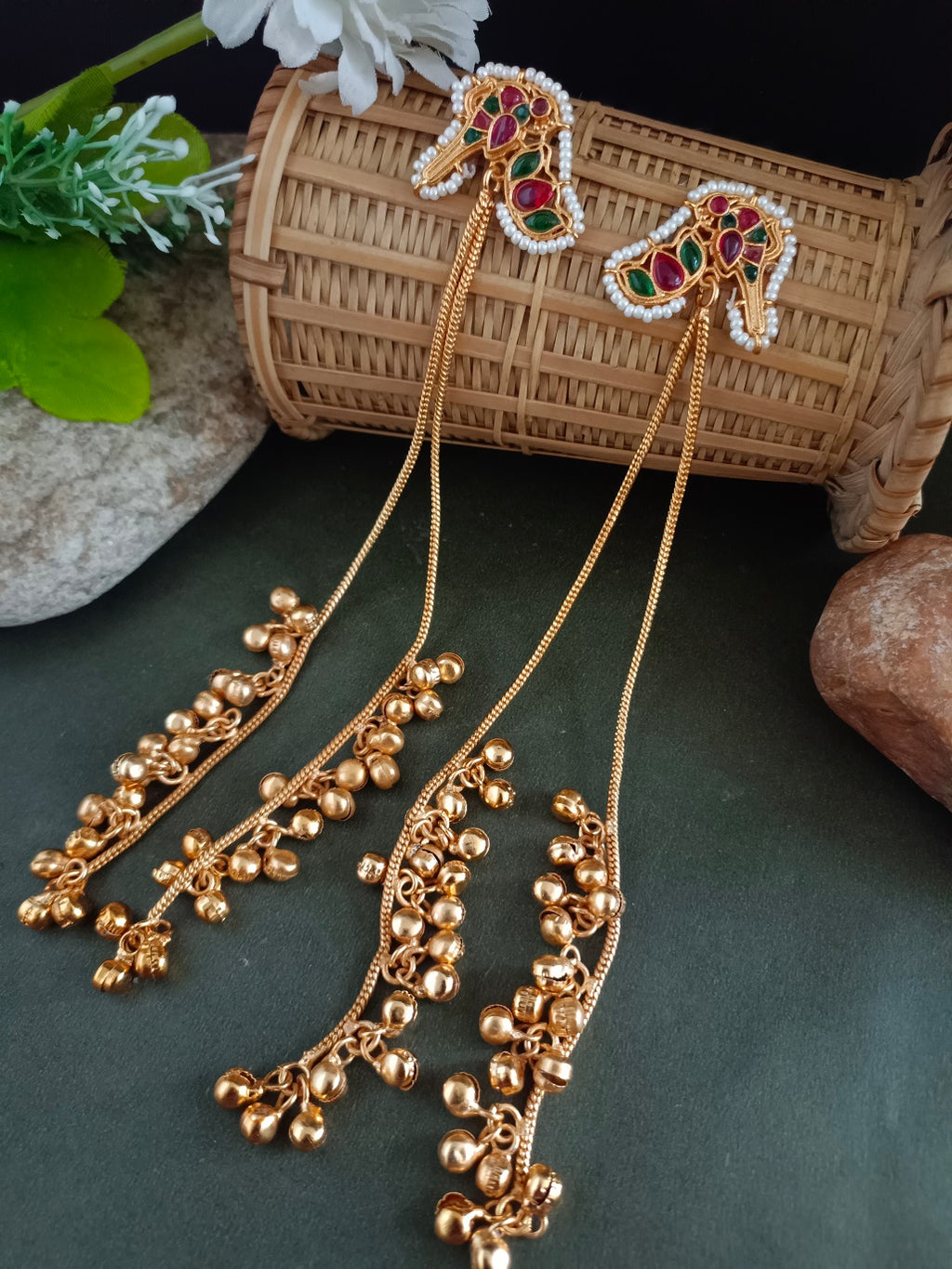 Gold-Plated Kundan Studded & Ghungroo Beaded Tasselled Peacock Drop Meenakari Earrings