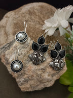 Sanjog Tribal Oxidized Silver Stud Earrings with Black Stone Cluster