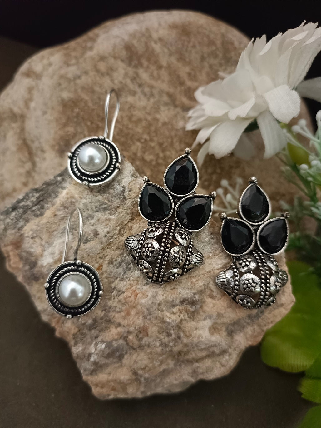 Sanjog Tribal Oxidized Silver Stud Earrings with Black Stone Cluster