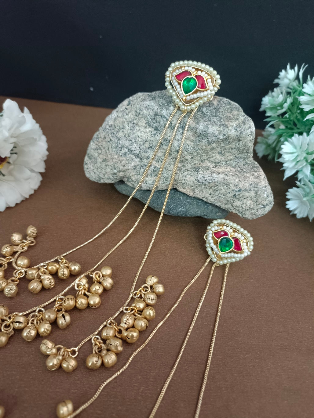 Brass-Plated Pachi Kundan & Ghungaroo Beaded Kashmiri Drop Earrings