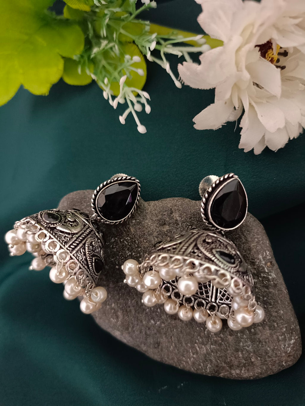 Sanjog Oxidized Silver Black Stone Traditional Jhumka Earrings with Pearl Drops