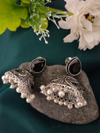 Sanjog Oxidized Silver Black Stone Traditional Jhumka Earrings with Pearl Drops