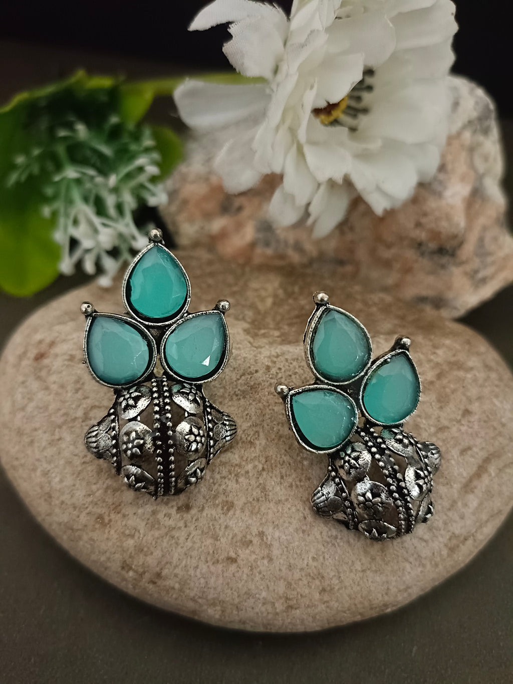 Sanjog Oxidized Silver-Tone Mint Green Stone Cluster Stud Earrings with Intricate Dome Base