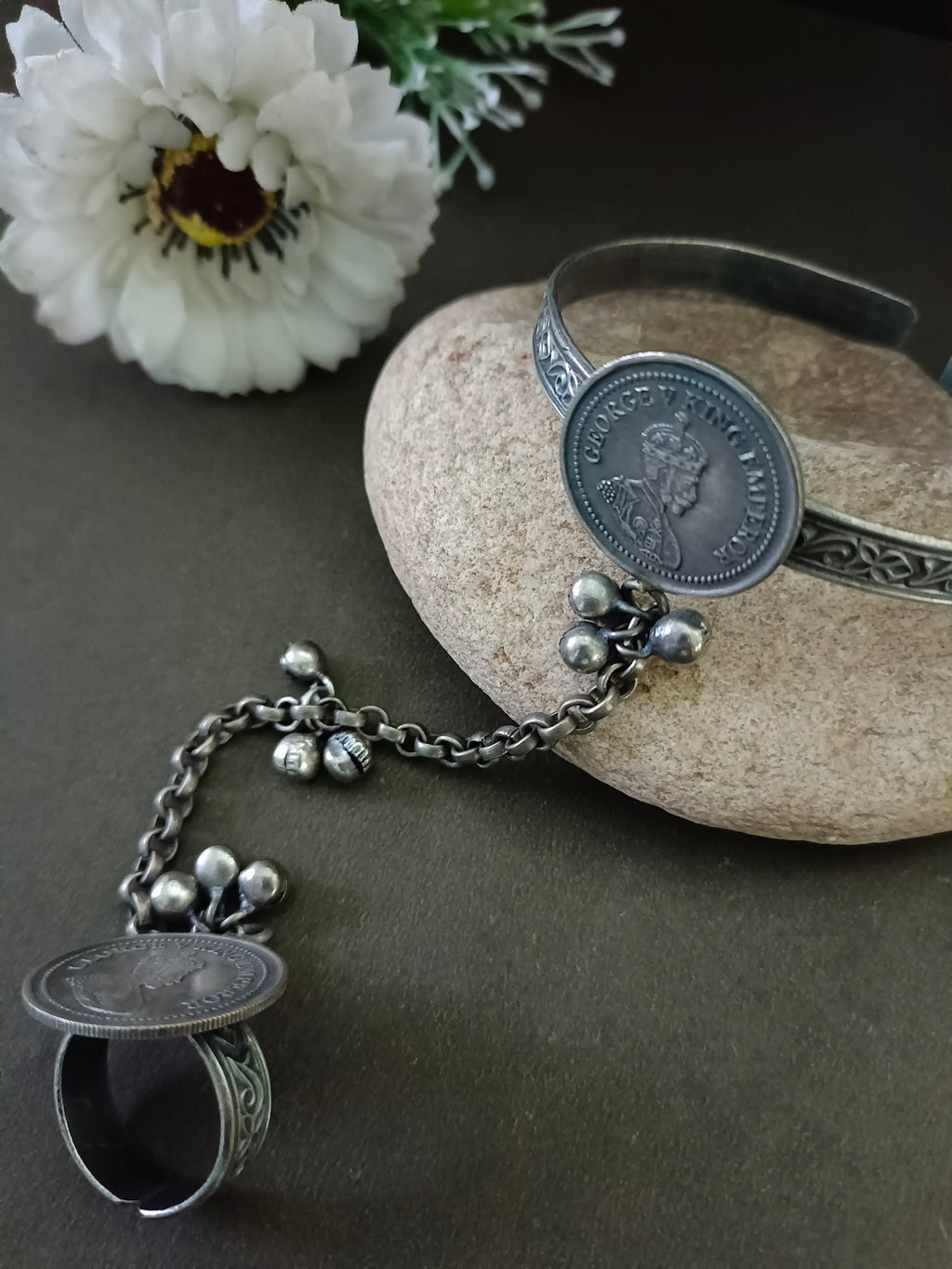German Silver Plated Beaded Oxidised Ring Bracelet