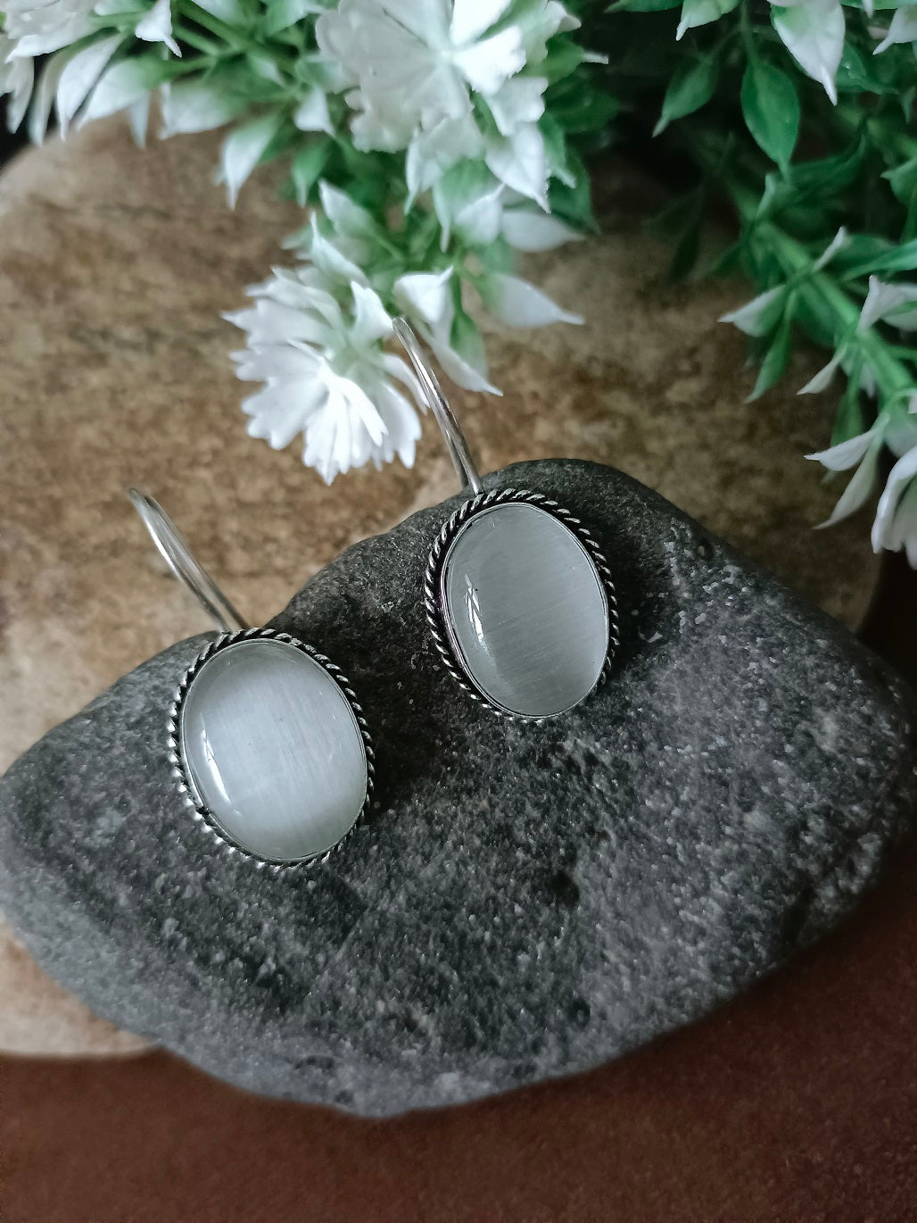 Sanjog Oxidized Silver Oval Cat's Eye Stone Drop Earrings