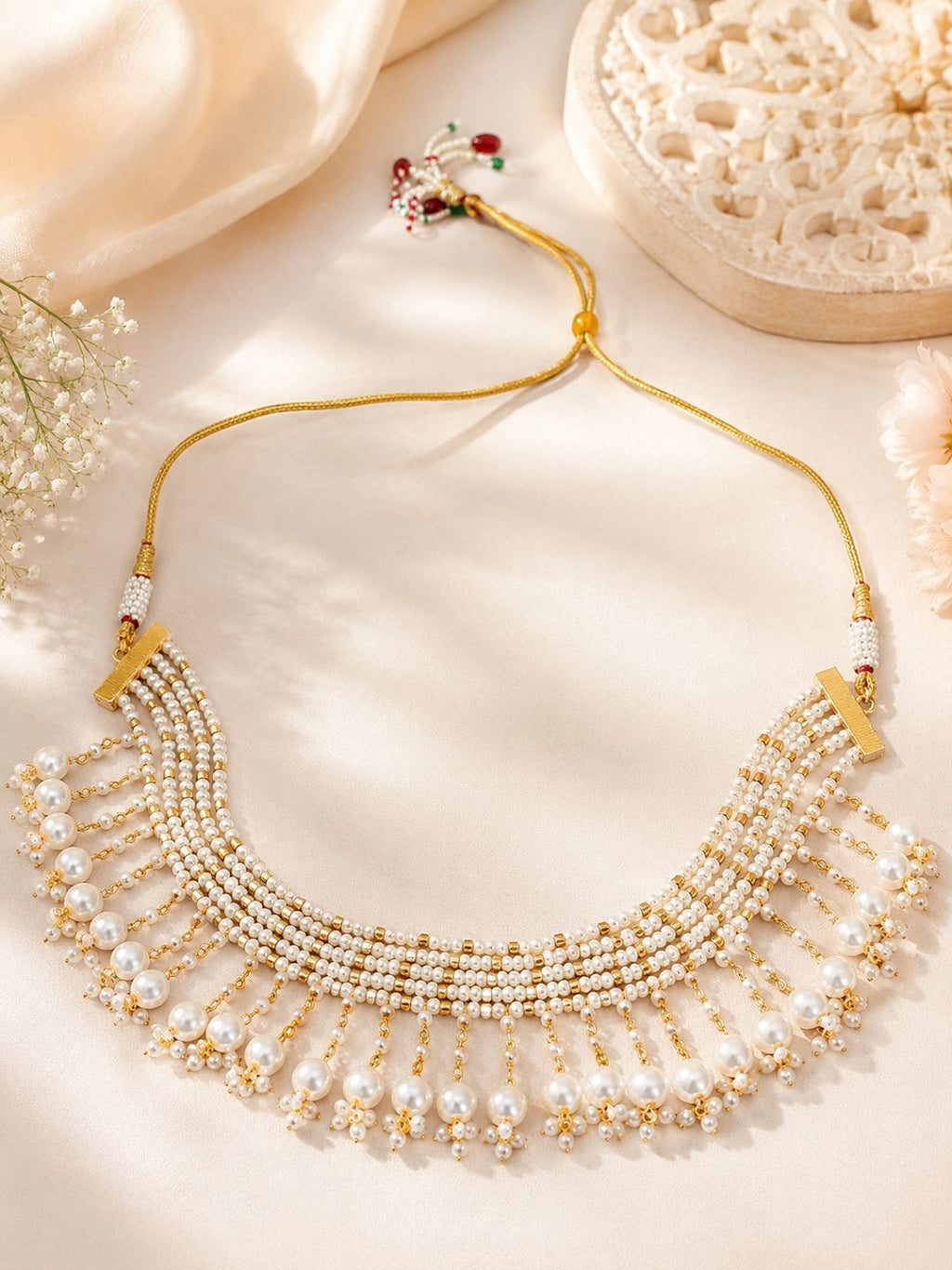 Gold-Plated Kundan Studded Pearls Beaded Layered Choker Necklace