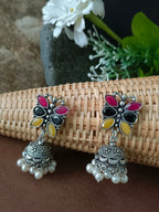 Sanjog Oxidized Silver Multi-Color Stone Floral Jhumka Earrings with Pearl Drops