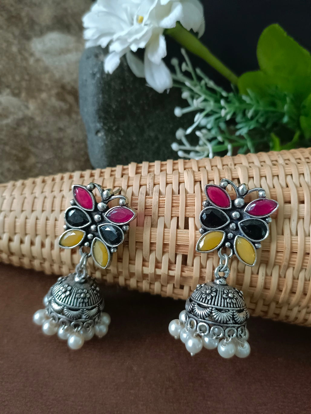 Sanjog Oxidized Silver Multi-Color Stone Floral Jhumka Earrings with Pearl Drops