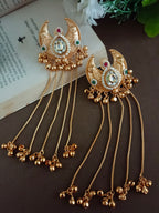 Gold Plated Pachi Kundan & Ghungaroo Bedded Kashmiri Crescent Shaped Drop Earrings