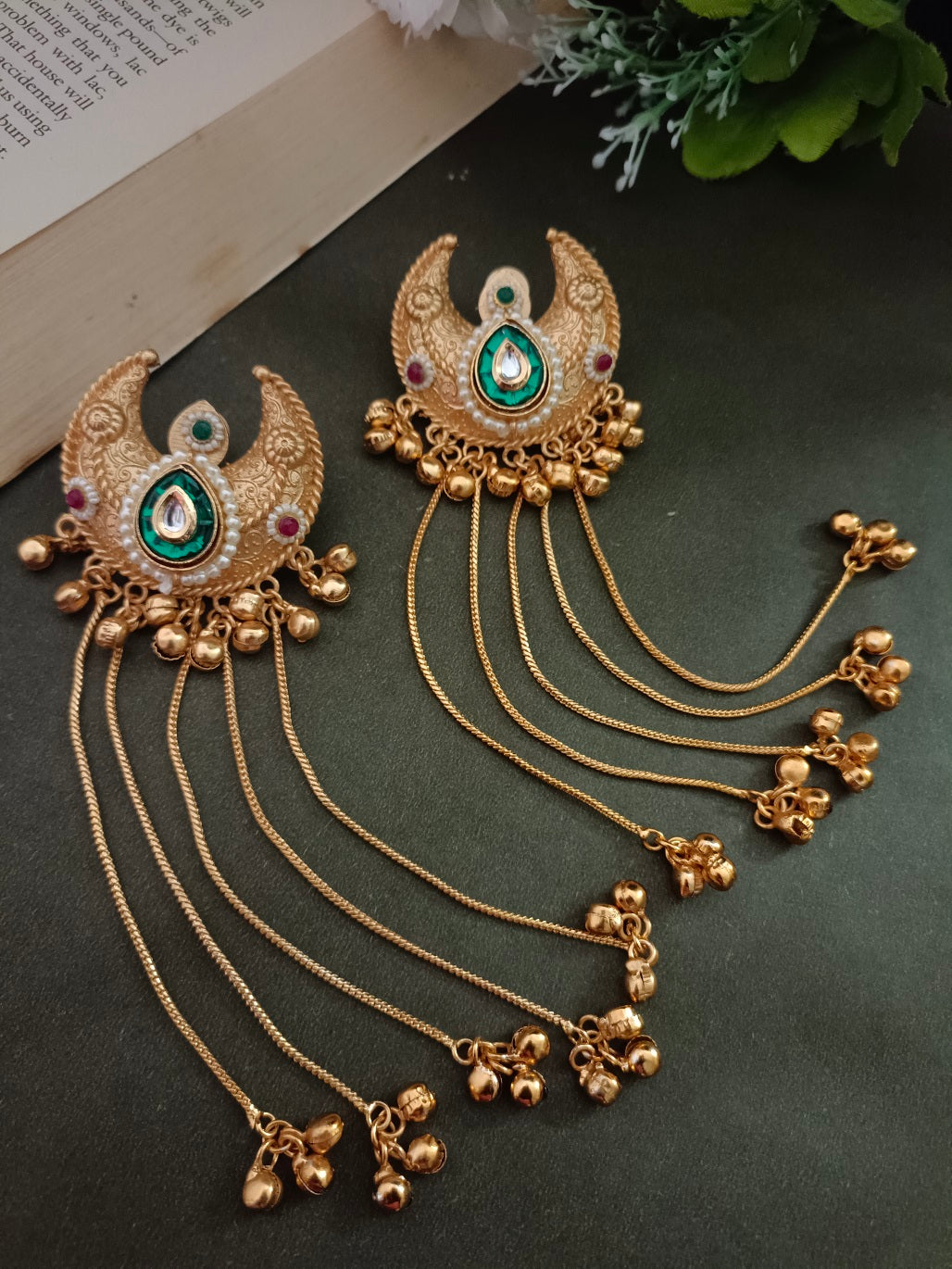 Brass-Plated Pachi Kundan & Ghungaroo Beaded Kashmiri Crescent Shaped Drop Earrings