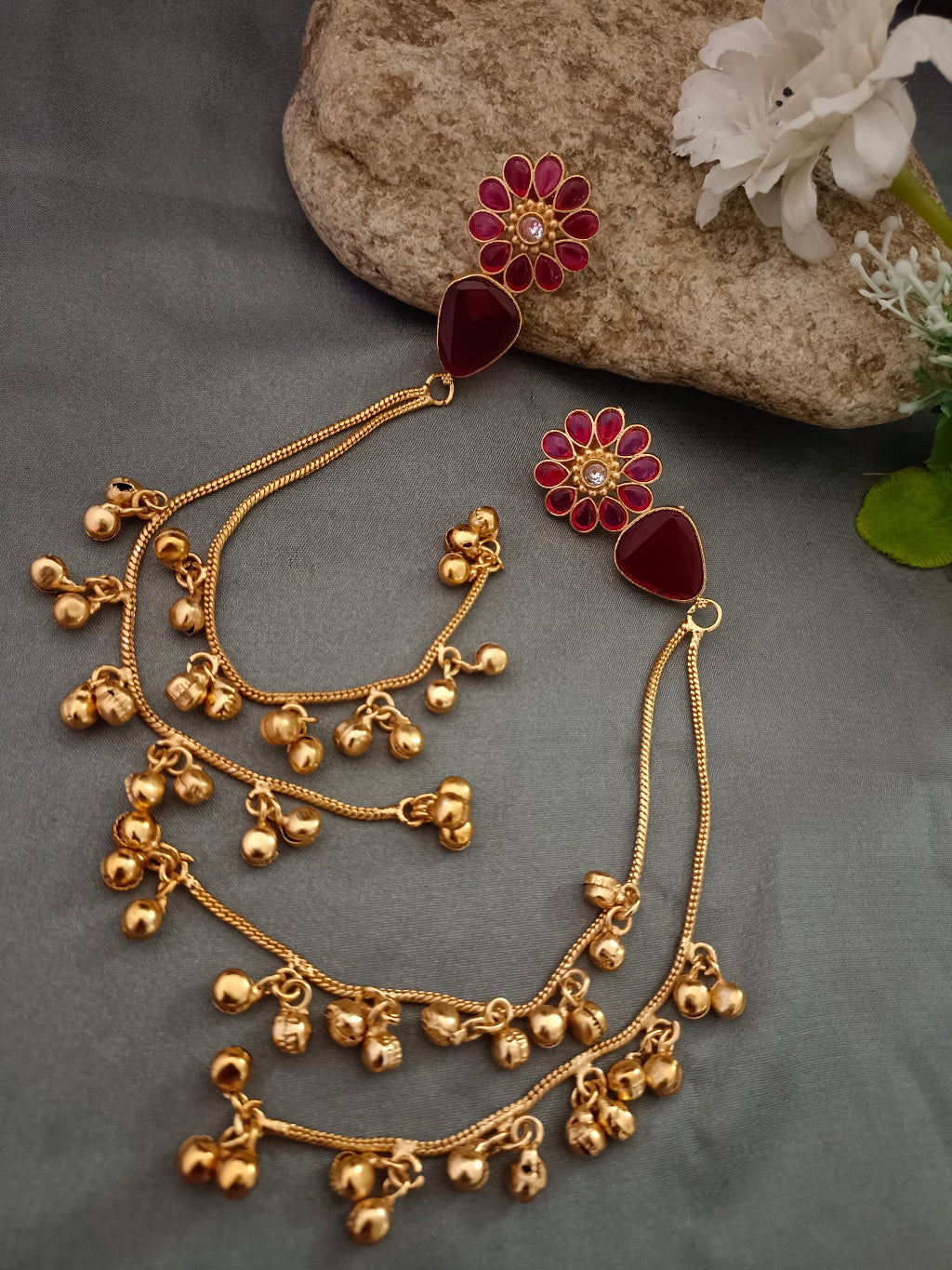 Gold Plated Kundan & Ghungaroo Beaded Kashmiri Floral Drop Earrings
