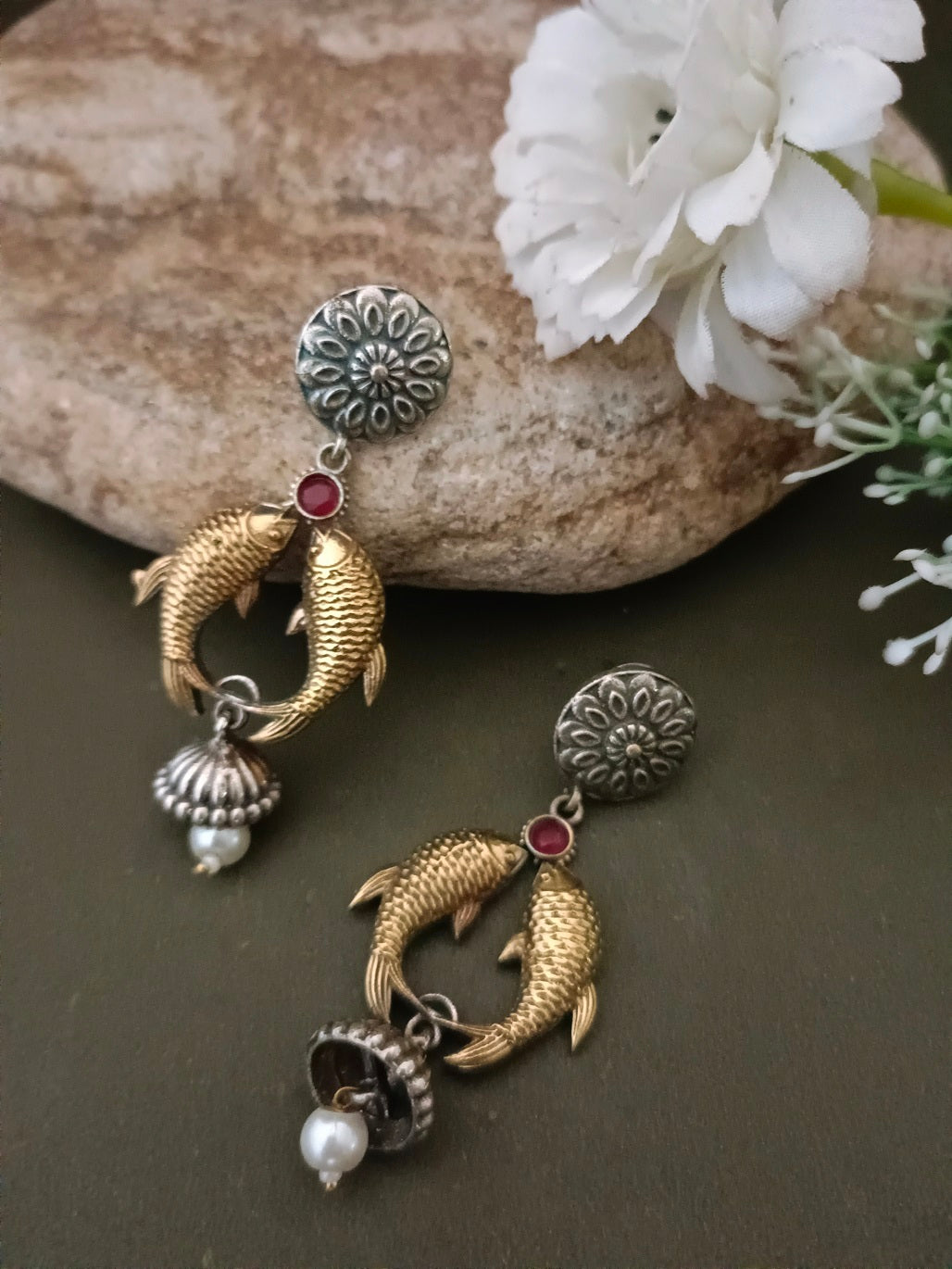 Sanjog Dual-Tone Oxidized Fish Motif Drop Earrings with Ruby Stone and Ghungroo Bell