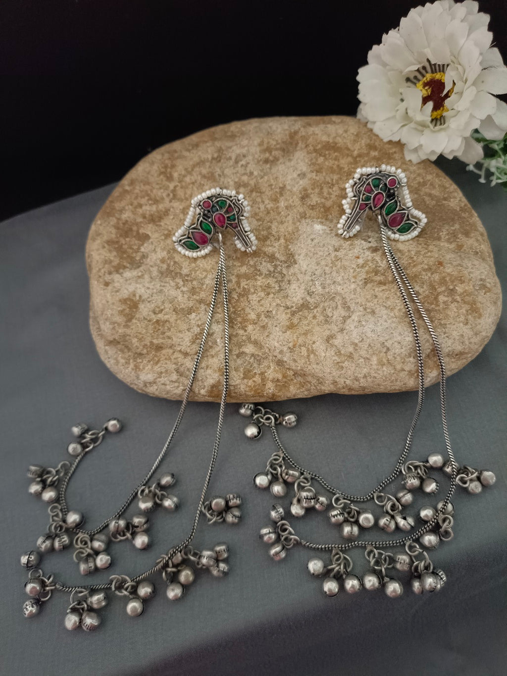 Brass-Plated Stones Studded & Ghungroo Beaded Oxidised Kashmiri Drop Earrings
