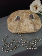 Brass-Plated Stones Studded & Ghungroo Beaded Oxidised Kashmiri Drop Earrings