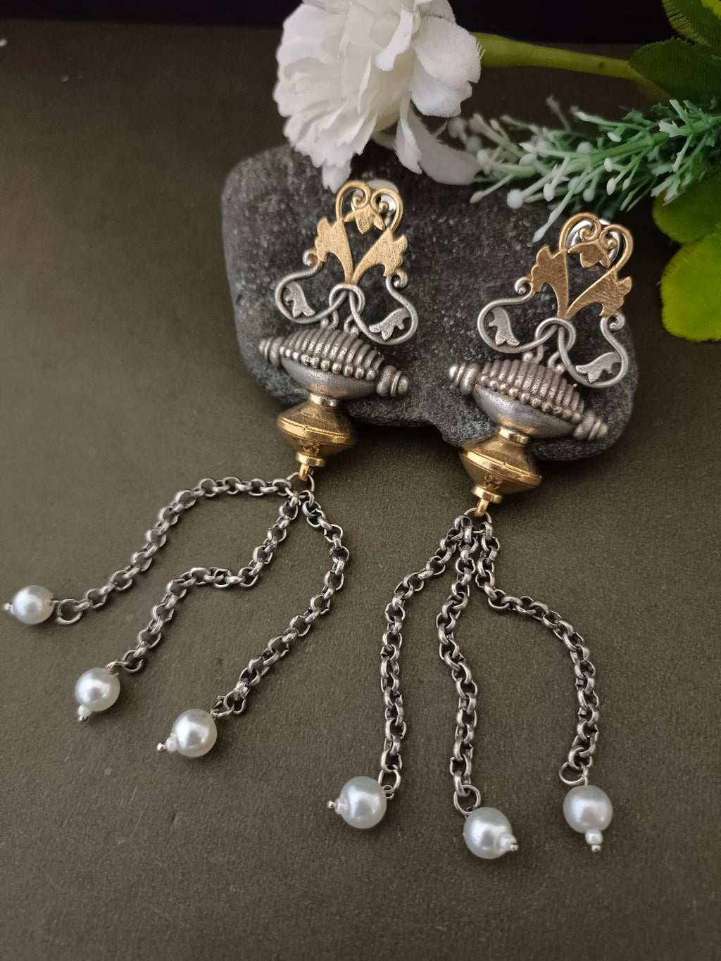 Sanjog Dual-Tone Antique Tribal Drop Earrings with Temple Motifs and Chain Tassels