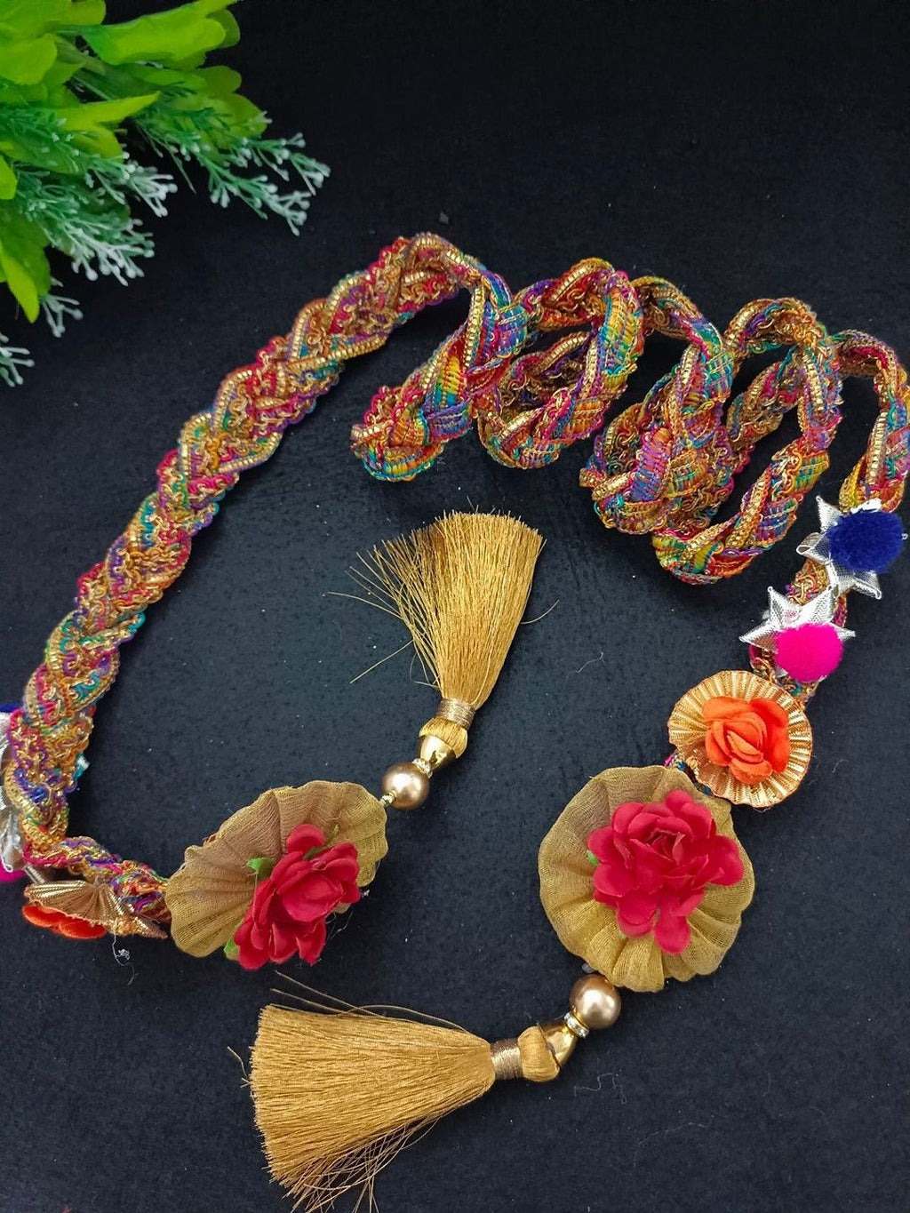 Lace & Gota Flower Punjabi Choti Paranda – Multicolour Beaded Cord