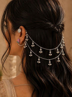 Silver-Plated Multicolour Floral Ear Cuff Earrings with Hair Chain