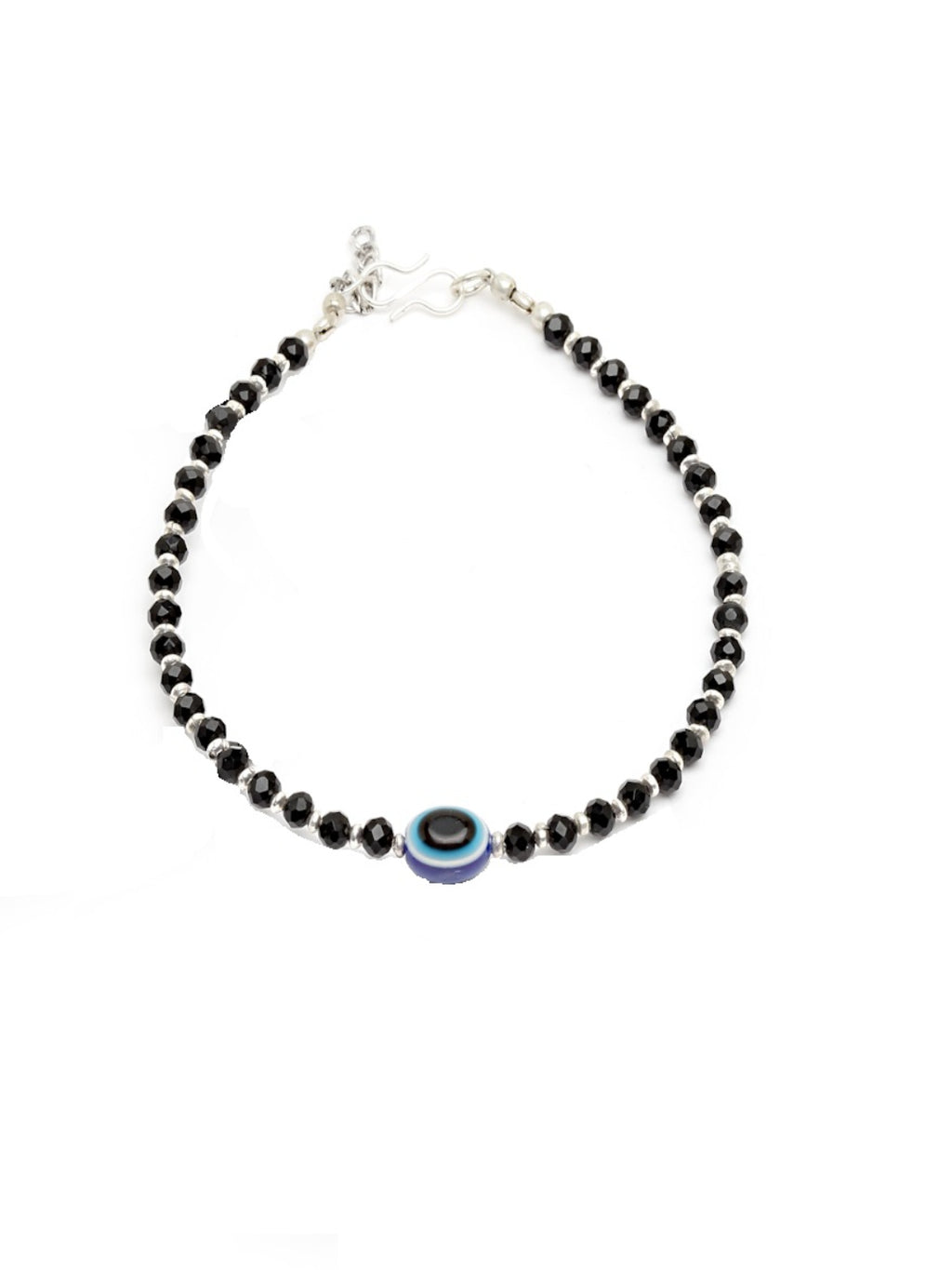 Oxidised German Silver-Plated Black & Blue Evil Eye Beaded Handcrafted Anklet